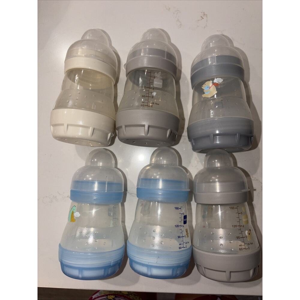 MAM Anti-Colic 6 Baby Bottles 5oz BPA-Free 0-3 Months . No Nipples.